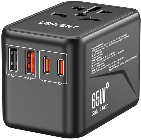 LENCENT 65W Snabb Laddning Universal Reseadapter över Hela världen, GaN III Internationell Travel Adapter med 2 QC4.0 USB-A+2 PD3.0 Type-C, Socket Adapter Worldwide för USA UK AUS, Typ C/G/A/I, Svart
