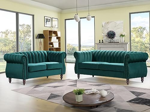 Vente-unique-Chesterfield-Sofagarnitur - 3-Sitzer & 2-Sitzer - Samt - Smaragdgrün - Trumbo