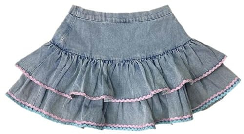 AYAZER Kvinnors Kawaii Cowgirl Kjol med hög midja Fräsning, Sexig Plisserad Jeans Minikjol med Rufsar, Sommarblå/-M