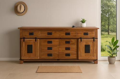 SAM Sideboard Libro III, Akazienholz massiv + nussbaumfarben, Kommode mit 2 Holzschiebetüren, 10 Schubladen & 2 offenen Fächern, Türelemente, Griffe & Reling aus Eisen, 200 x 90 x 45 cm