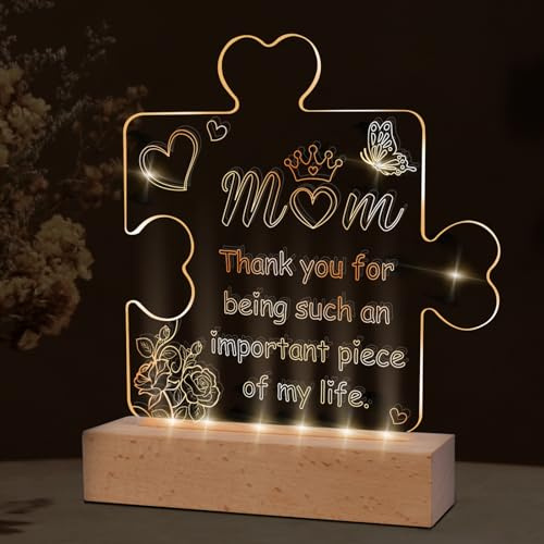 Landifor Mother's Day Gift for Mom from Daughter Son Acrylic Puzzle Mummy Present Engraved Night Light with Love Sayings MOM Thank You for Being Such an Important Piece of My Life Night Lamp for Mum
