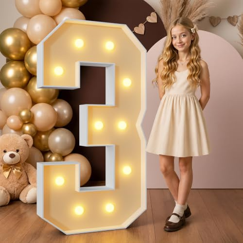 120cm Gigantische Gelb Leuchtende Zahlen Deko Geburtstag, Hochzeitstag, 30.Geburtstagsfeier, Leuchtende Zahlen LED, Hochzeit Deko Geburtstag Verlobungsdekoration, Partyzubehör, Zahl 3