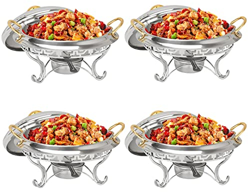 Round Gold Plated Chafing Dish, 2/4/6 Pack Stainless Steel Chafer Catering Buffet Warming Container Set with Fuel Holders, for Restaurant Parties Weddings,4 Pack