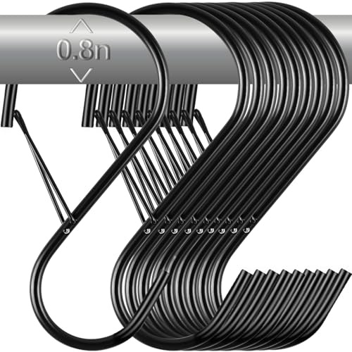 12 Pack Large S Hooks for Hanging Plants with Safety Buckle- Heavy Duty Solid Metal Steel Black S Shaped Closet Hooks for Hanging Plants, Kitchen Utensils, Jeans, Bags, Pots, 4 inch, Fit Most of Rod