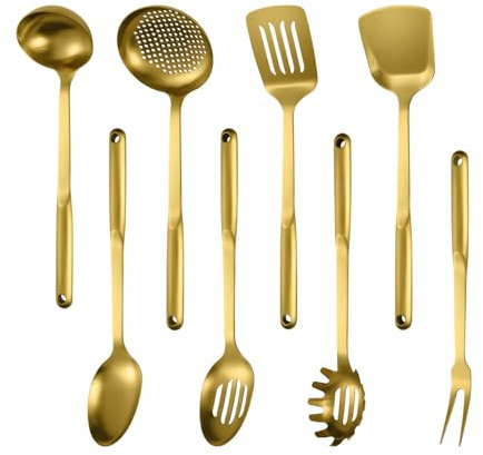 304 Stainless Steel Cooking Utensils Set, 8PCS Kitchen Utensils Set, Include Skimmer, Soup Ladle, Spaghetti Server, Wok Spatula, Slotted Spoon, Solid Spoon, Slotted Spatula Turner & Meat Fork, Gold