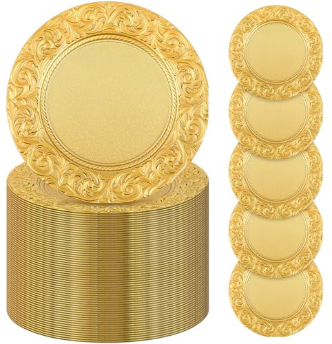 Uiifan Antique Charger Plates Bulk 13'' Plastic Embossed Dinner Plate Chargers Round Floral Plates for Wedding Decorative Chargers for Table Dinner Kitchen Party Decoration (Gold,150 Pcs)