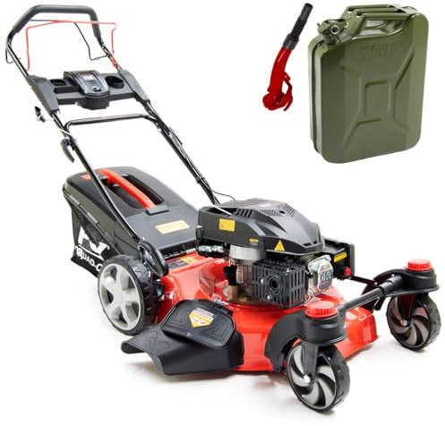 20 / 51cm Petrol Lawn Mower Zero Turn Self-Propelled Recoil Fox 4 Blades 196cc 60L Bag 20 inch Lawnmower Front Swivel Wheels + Green 20L Metal Jerry Can & Spout - 2 Years Warranty