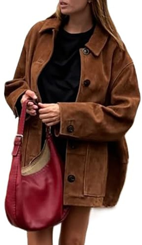 TOSHIKII Blazer en Daim Tendance pour Femmes - Col à Revers - Vêtements d'Extérieur - Oversize - Vestes de Costume Rétro - Daim avec Poches - Marron - Taille L