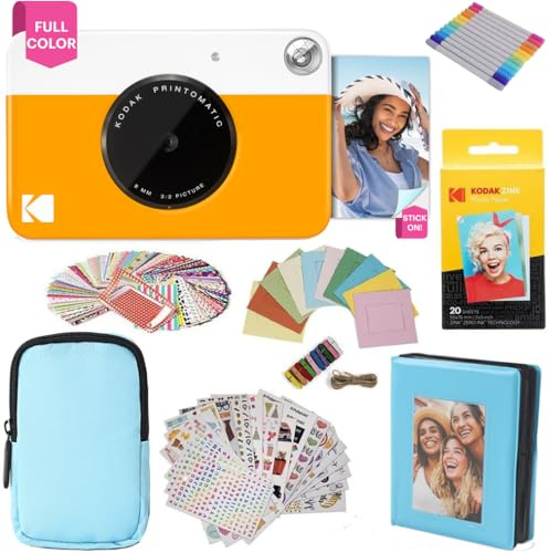 KODAK Printomatic cámara de impresión instantánea + Estuche Blando + Papel fotográfico Zink de 2 x 3 (Paquete de 20) + Álbum + Juegos de calcomanías + Marcos para calcomanías + Marcadores - Amarillo