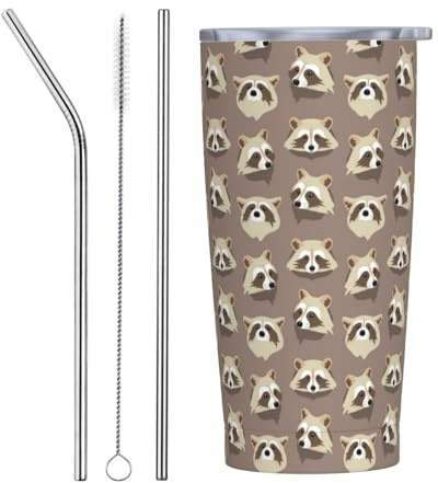 VOSERY Botella de agua de 20 onzas con tapa y popote, vaso aislado de mapache de acero inoxidable, taza de café de viaje, vaso personalizado