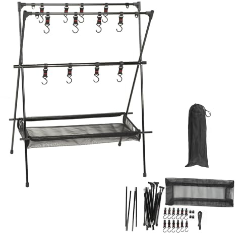 Baxnore Estante colgante para acampar de aleación de aluminio, estante colgante liviano para acampar al aire libre, estante colgante para acampar de doble capa con bolsillo de