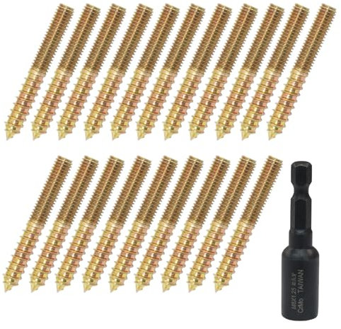 Jiozermi 20 Pcs M8 x 60mm Hanger Bolts, Double Head Screws Self Drilling Wood Dowel Screws with Hanger Bolt Driver, Carbon Steel Fasteners for Stairs, Furniture, and DIY Projects