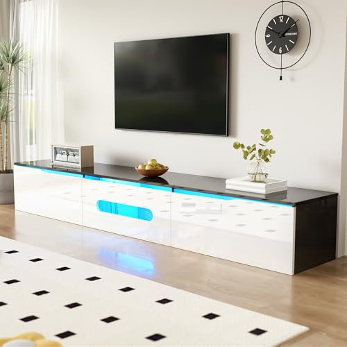 Merax Meuble TV mural 180 cm - Éclairage LED - 16 couleurs - Contrôlé par application - Pour salon - 180 x 35 x 30 cm - Blanc + noir