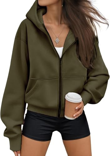 ELFIN Womens Hoodies zip up Pullover with Pocket Long Sleeve Cardigans Ladies Casual Lightweight sweatshirt Green