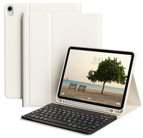 JKSML Hülle mit QWERTZ Tastatur für iPad (A16)/10. Generation - Weiße Creme | Abnehmbarer Kabellose Deutsche Schwarz Tastatur, TPU Hülle mit Stifthalter, für iPad 2025/2022 model 11/ 10,9 Zoll