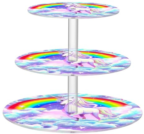Joitme Unicorn Clouds Vibrant Rainbow 3 Tier Cupcake Stand for Party Cupcake Tower Acrylic Display Dessert Holder Table Display Serving Food Trays Animal Print Graduation