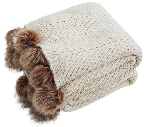 ZHSOAO Coperte in ciniglia lavorate a Maglia Grossa, graziosi Pompon, Decorative for la casa, Calde, appesantite, comode, for Divano Letto, Coperte lavorate a Maglia per Divano, Sedia(Beige)