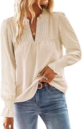 TUUHAW Blusa Mujer Manga Larga Boho Top con Mangas de Volantes Camisa Elegante con Cuello en V Casual Elegante Otoño Bordado Encaje Túnica Color Sólido Camiseta Albaricoque XL
