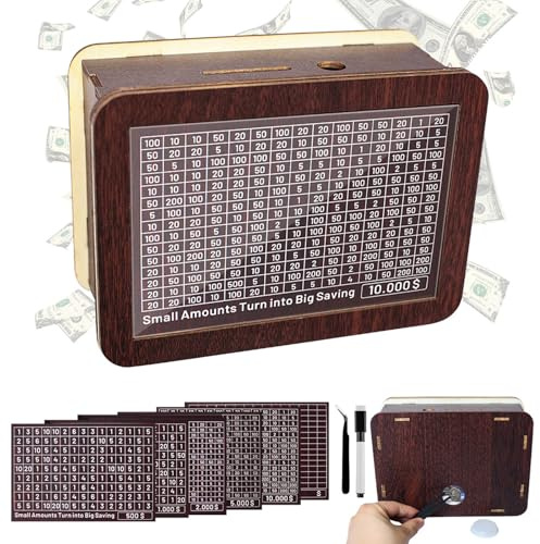 Cash Vault Wooden Savings Box,Wooden Money Saving Box,Wooden Money Box with 8 Saving Targets,Reusable Money Box with Counter, Cash Vault Bank with Dry Erase Pen/Rubber Band(Brown)