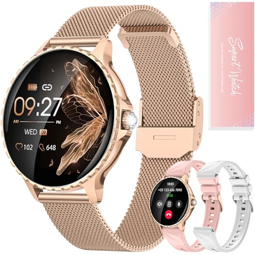 Montre Connectée Femme, Appel Bluetooth, 1,27'' Montre Femme Ronde Elegant, 3 Bracelets, Design Diamant, 200+ Cadrans, Cardiaque SpO2 Sommeil, Fonction Féminine, 113 Sport, Smartwatch Android iOS Or