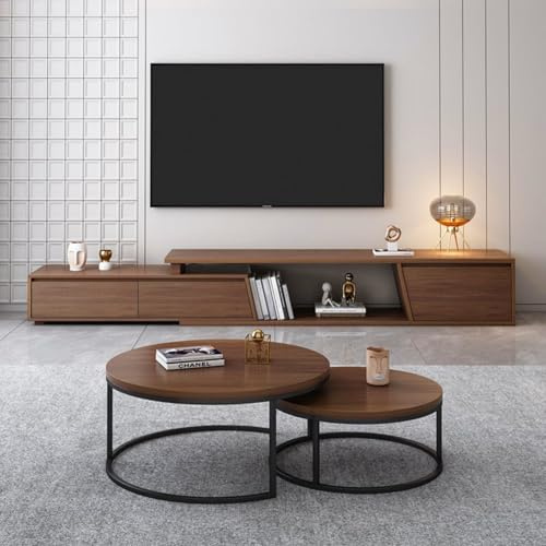 Homary Ensemble de Table Basse Salon Ronde Bois en Noyer Meuble Extensible Moderne (60cm-80cm) (Noyer et Noir Plus Meuble TV)