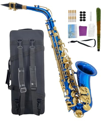 WUQIMUSC Altsaxophon Eb für Anfänger - Komplettes Saxophon-Kit mit Hartschalenkoffer, Mundstück, Umhängeband, Schilfrohr, Reinigungsset - Ideal für Studenten & Profis (Blau)