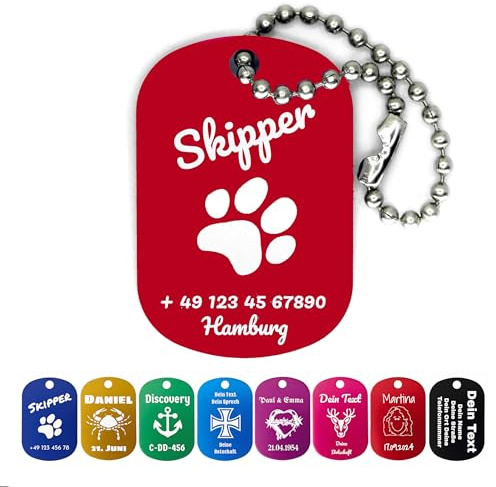 Hundemarke mit Gravur Dog Tag personalisiert mit 10 cm Edelstahl Kugelkette | Namensschild für Halsband Anhänger Hunde Katzen Pferde mit Motiv | Tiermarke - Schlüsselanhänger (Rot)