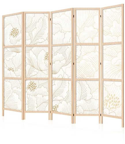 LUMASOUL Separe Divisorio Interno Monofacciale - Paravento da Interno 5 Pannelli Divisorio per Ambienti - Divisori per Interni con Motivo Giapponese - 225x172 cm | 5 pezzi decorativi, stile Shoji, pieghevoli, autoportanti, come protezione dagli sguardi indiscreti per salotti