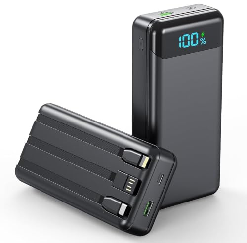 Enerwow Batterie Externe 27000mAh 22.5W Powerbank USB C Câble Charge Rapide | 4 sorties & 3 entrées, 3 câbles intégrés (USB-C/iPhone/USB-A), Affichage LED, Compatible iPhone 17 16 15 14 13 12 Samsung etc