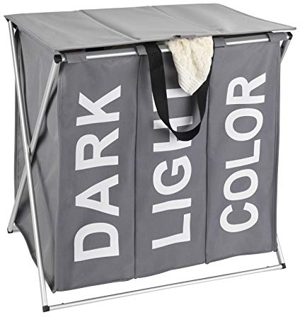 WENKO Wäschesammler Trio Top, Wäschekorb 3 Fächer mit Deckel und Tragegriffen, 118 Liter Volumen, (B x H x T): 57 x 57 x 38 cm, Grau