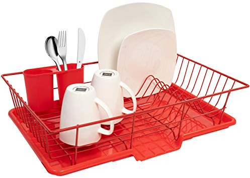 Sweet Home Collection 3 Piece Metal Dish Drainer Rack Set with Drying Board and Utensil Holder, 12 x 19 x 5, Red