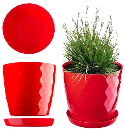 KADAX Maceta decorativa para flores y plantas con platillo, material ligero y resistente, 18 cm, rojo