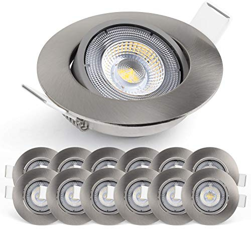 EMOS LED Einbaustrahler 230V, 5W / 450lm, 50° schwenkbar, Deckenspots neutralweiß 4000k | Einbaustrahler Led Spot flach 68mm Lochmaß | Set mit 12 Stück LED Spots 230V, Einbauleuchten rund (silber)
