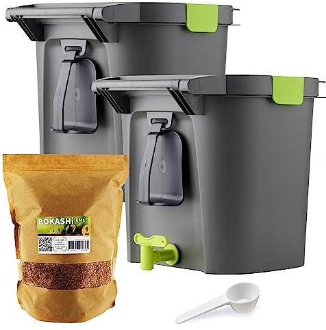 Lotto di 2 Bokashi Comfort 14 Litri, compostiera organica di alta qualità con compattatore e attivatore di fermentazione 1 kg | Kit Completo