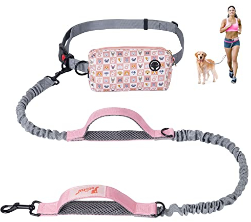 Petotw Joggingleine Hunde für Laufen mit kotbeutelspender,Handfreie Hundeleine für Laufen mit verstellbarem Hüftgurt Leine mit Doppelgriff,Joggingleine für Hunde mit Elastische und Reflektierende Rosa