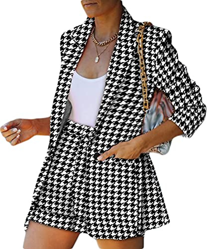 Onsoyours Ensemble 2 Pièces Décontracté pour Femme avec col à Revers Blazer et Short à Jambes Larges Taille Haute Couleur Unie Noir et Blanc L
