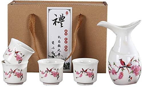 LSDRALOBPOI Sake Cup Set Sake-Set-Tassen Sake Flasche Sake-Set mit Geschenkbox, handbemalte Porzellankeramik, traditionelles Keramikhandwerk, enthält 1 Weinkrug und 4 Weingläser-Set 1028