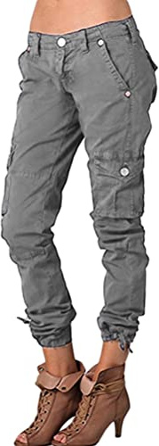 ORANDESIGNE Pantalon Femme Cargo Fuselé Slim Crayon Chic Pantalon avec Multi Poche Carotte Casual Boyfriend Pantalon de Loisirs Cargo Pants A Gris L