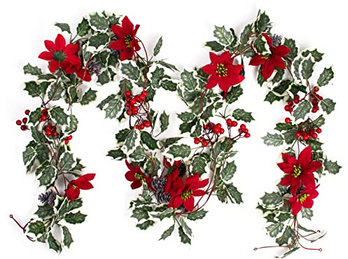 3 Pack Christmas Poinsettia Garland 25.5 Feet Artificial Poinsettia Vines with White-Edged Green Holly Leaves & Red Berries & Pinecones for Xmas Tree Home Deck Railing Staircase Decorations