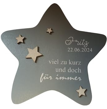 Erinnerung an EIN Sternenkind | Stern aus Holz grau lackiert 17 x 17 cm mit Dekofeder