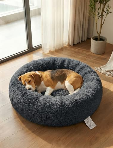 OKPOW Donut Hundebett Fuer Kleine Hunde: Flauschig Welpenbett Rund Kuscheliges - Anti Angst Katzenbett Comfy - Plüsch Haustierbett Waschbar