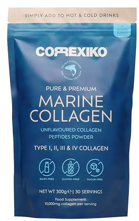 CORREXIKO Marine Collagen Powder Supplement Unflavoured - 10,000mg Double Hydrolysed Collagen Peptides per Serving - Formulated for Maximum Absorption - for Hair, Skin & Nails - 300g, 30 Servings