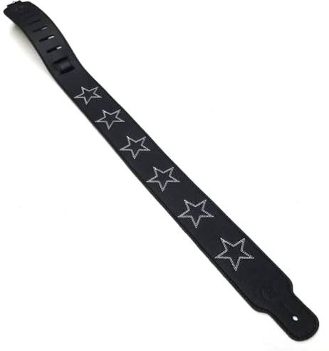 Custom Style Gitarrengurt und Bass aus schwarzem Leder mit Dekoration Sterne T601RS, notes, One size