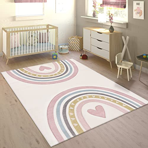 Paco Home Teppich Kinderzimmer Kinderteppich Junge Mädchen Pastell 3D Effekt Modern Regenbogen Herz Creme Rosa Grau, Grösse:133 cm Quadrat