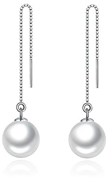 Bellitia Jewelry Damen 925 Sterling Silber Perlen Ohrhänger mit Kette Runde Süßwasser-Zuchtperle Ohrschmuck Weiß Gold Rot Schwarz Lange Einfädler Ohrringe Hypoallergen Kettchen Durchzieher, 6MM 8MM