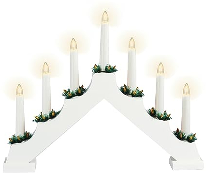 Arco in legno, 39 cm, con 7 candele a LED e timer, colore bianco, decorazione natalizia con illuminazione, per l'Avvento, per finestra, con batteria