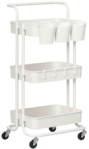 HOMCOM Carrito Auxiliar con Ruedas de 3 Niveles Carrito de Cocina con Mango 3 Cestas de Malla y 3 Cajas Colgantes Carro de Almacenamiento para Baño Salón 42x38x86,5 cm Blanco