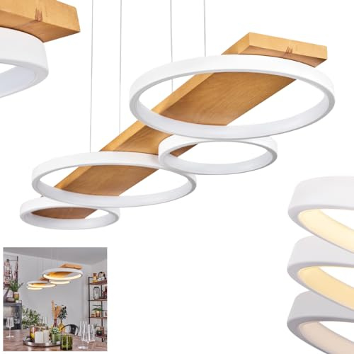 LED Pendelleuchte Rodekro, moderne Hängelampe aus Metall/Holz/Kunststoff in Natur/Weiß, Höhe max. 150 cm, dimmbar über Lichtschalter, 5100 Lumen, 3000 Kelvin, 1 x LED 44 Watt (inkl.)