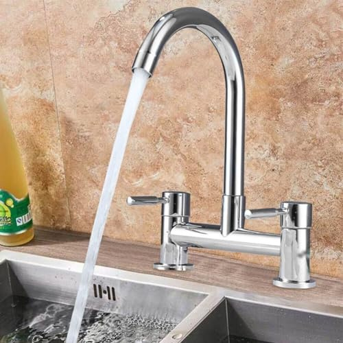 Double Lever Kitchen Sink, Kitchen Mixer Taps,Hot & Cold Mixing Faucet With 360 Degree Swivel Spout, Electroplated for SURFACE, 1/2 Applicable Pipe Diameter
