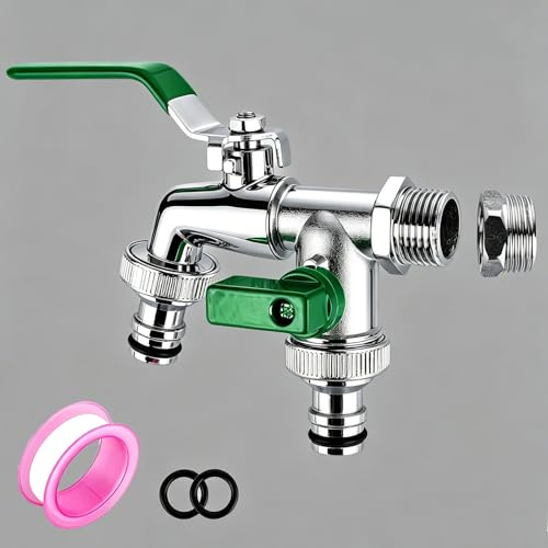 CTDMJ Wasserhahn Garten 1/2 Zoll & 3/4 Zoll Kugelhahn Doppel Auslaufhahn, Wasserhahn Aussen Kugelhahn 1/2 Zoll Frostsicher, Garten Wasserhahn mit 2 * Gratis Schlauchanschlüsse1*Rollendichtband